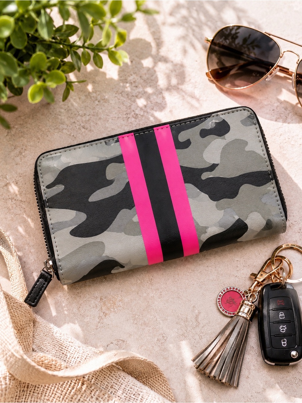 Haute Shore Cash Cairo Camo Zip Around Wallet Pink Stripe NWT